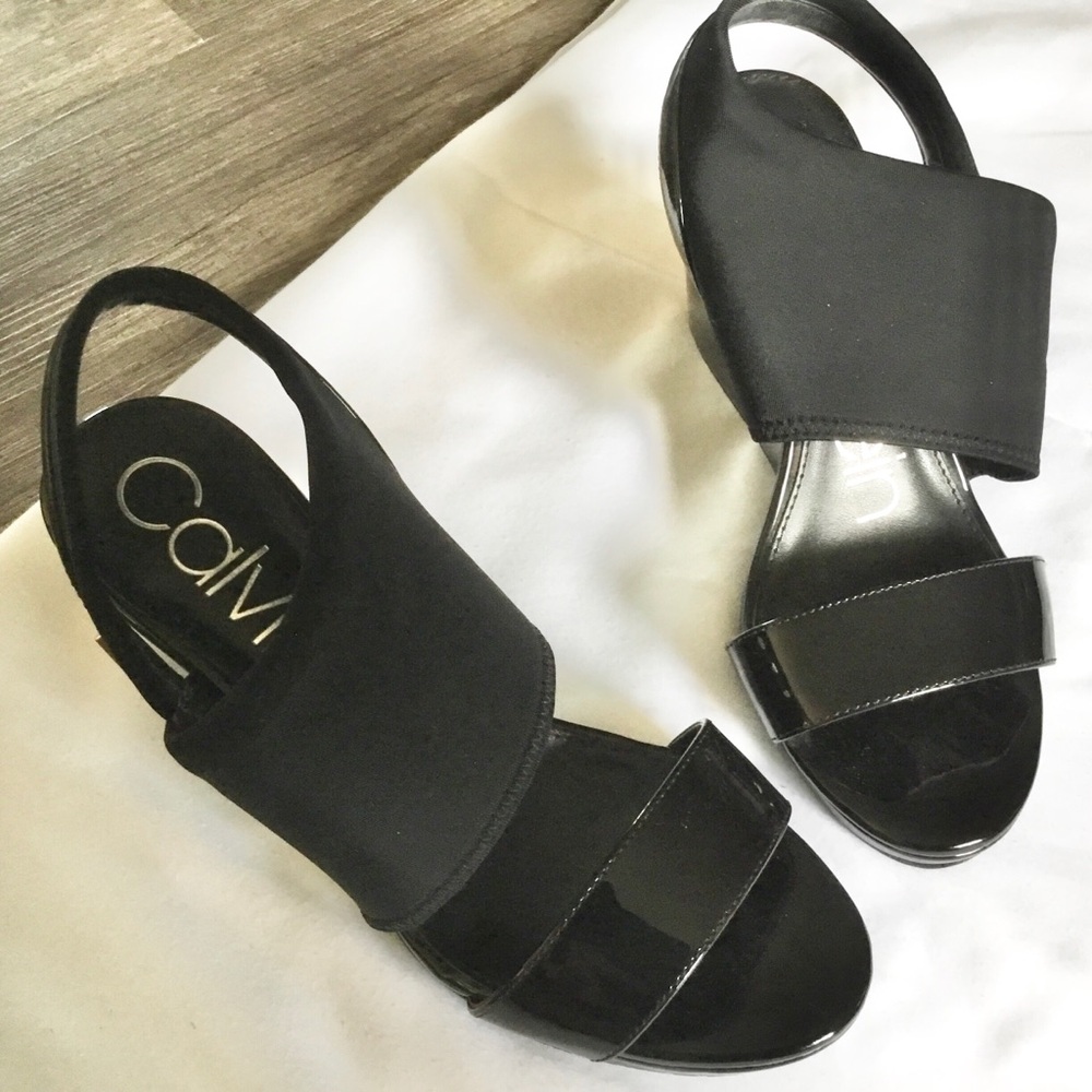 Calvin Klein Black patent and neoprene Women's wedge Sandals